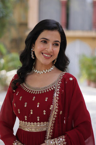 Maroon Elegant Faux Blooming Embroidered Gown with Dupatta