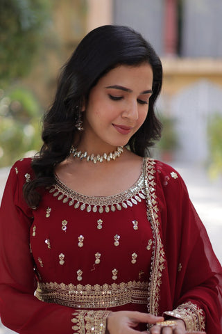 Maroon Elegant Faux Blooming Embroidered Gown with Dupatta