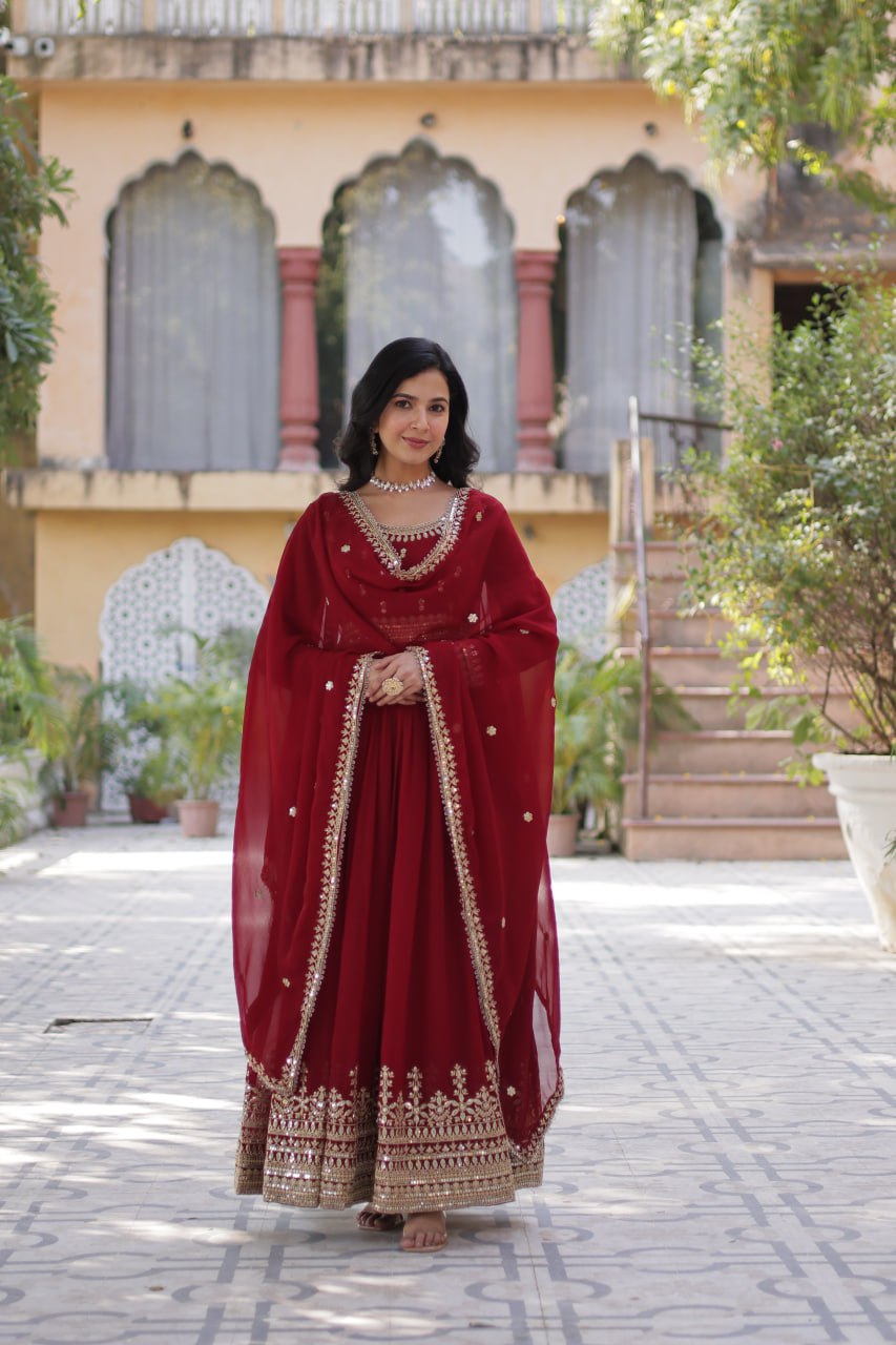 Maroon Elegant Faux Blooming Embroidered Gown with Dupatta