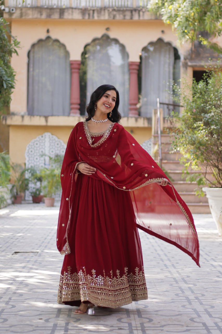 Maroon Elegant Faux Blooming Embroidered Gown with Dupatta