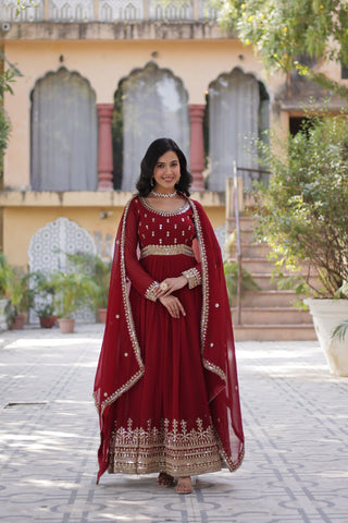 Maroon Elegant Faux Blooming Embroidered Gown with Dupatta