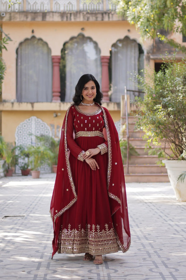 Maroon Elegant Faux Blooming Embroidered Gown with Dupatta