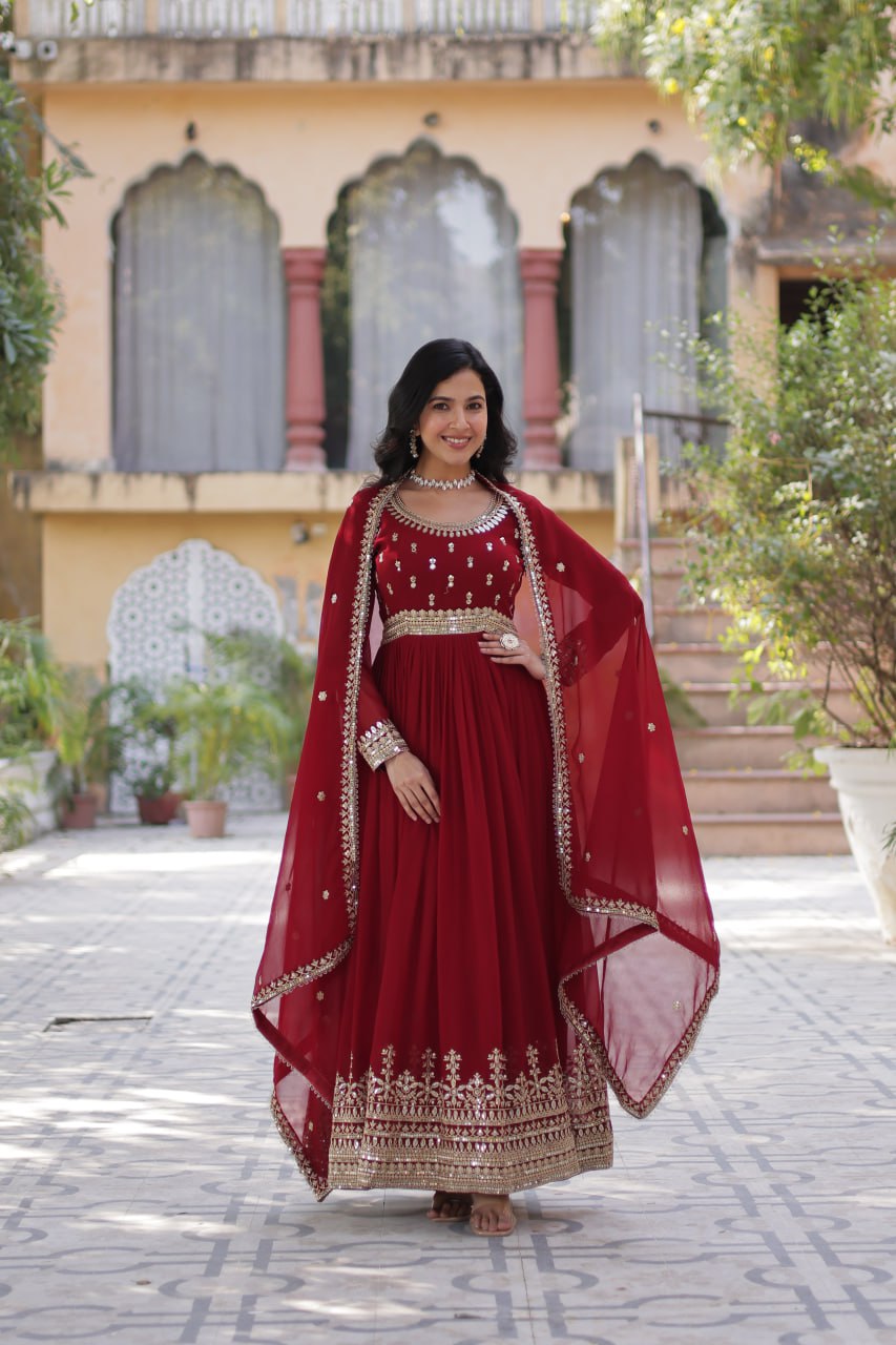 Maroon Elegant Faux Blooming Embroidered Gown with Dupatta