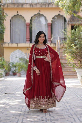 Maroon Elegant Faux Blooming Embroidered Gown with Dupatta