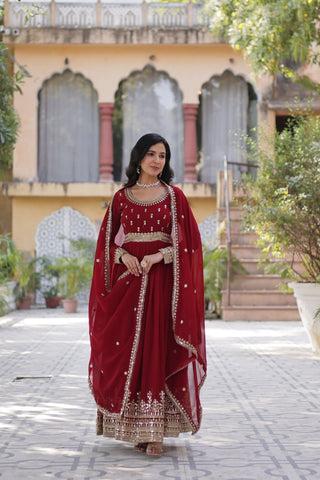 Maroon Elegant Faux Blooming Embroidered Gown with Dupatta