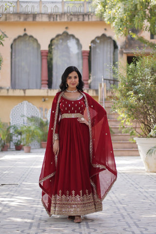 Maroon Elegant Faux Blooming Embroidered Gown with Dupatta
