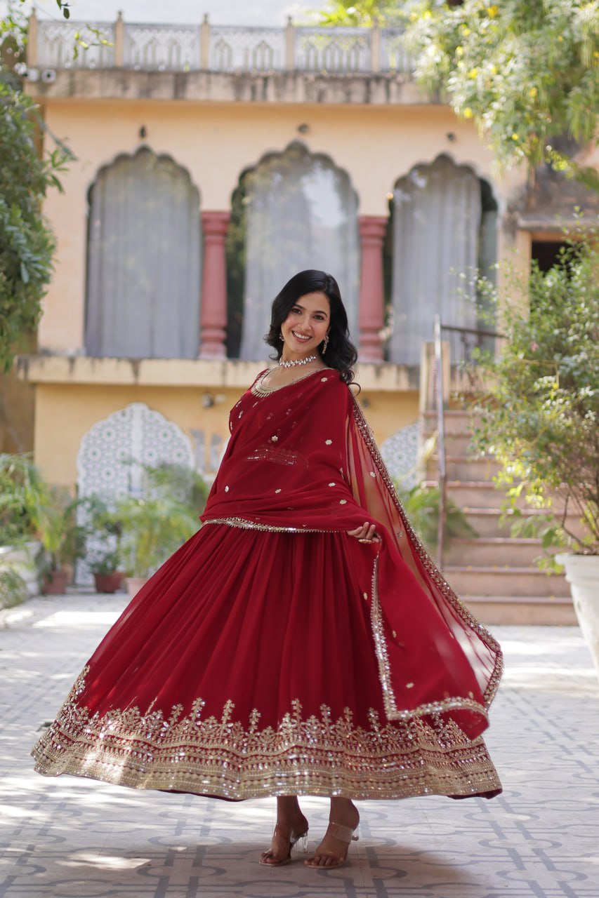 Maroon Elegant Faux Blooming Embroidered Gown with Dupatta