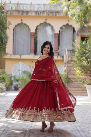 Maroon Elegant Faux Blooming Embroidered Gown with Dupatta