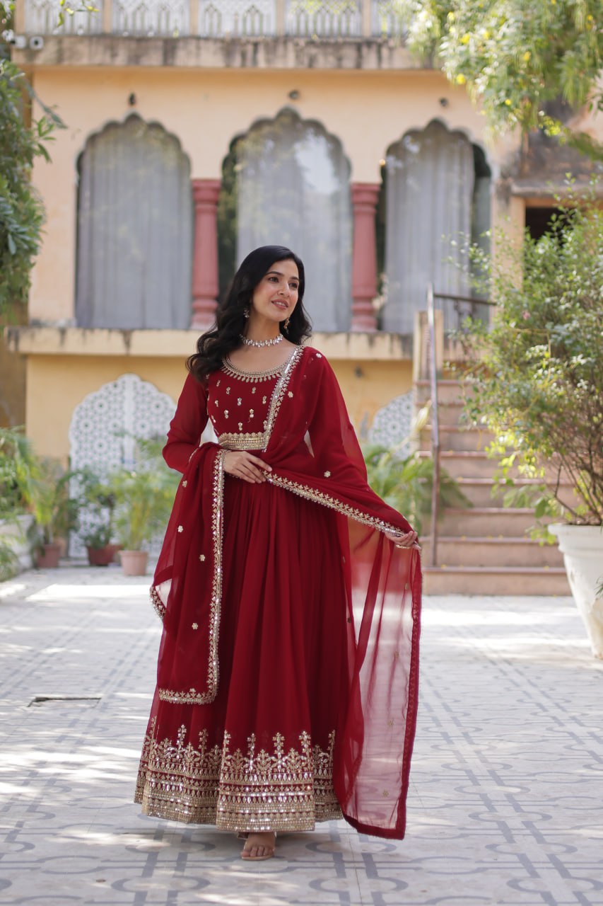 Maroon Elegant Faux Blooming Embroidered Gown with Dupatta