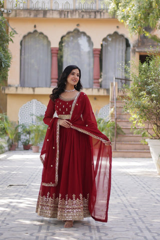 Maroon Elegant Faux Blooming Embroidered Gown with Dupatta