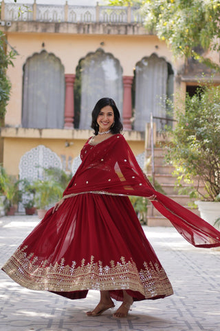 Maroon Elegant Faux Blooming Embroidered Gown with Dupatta
