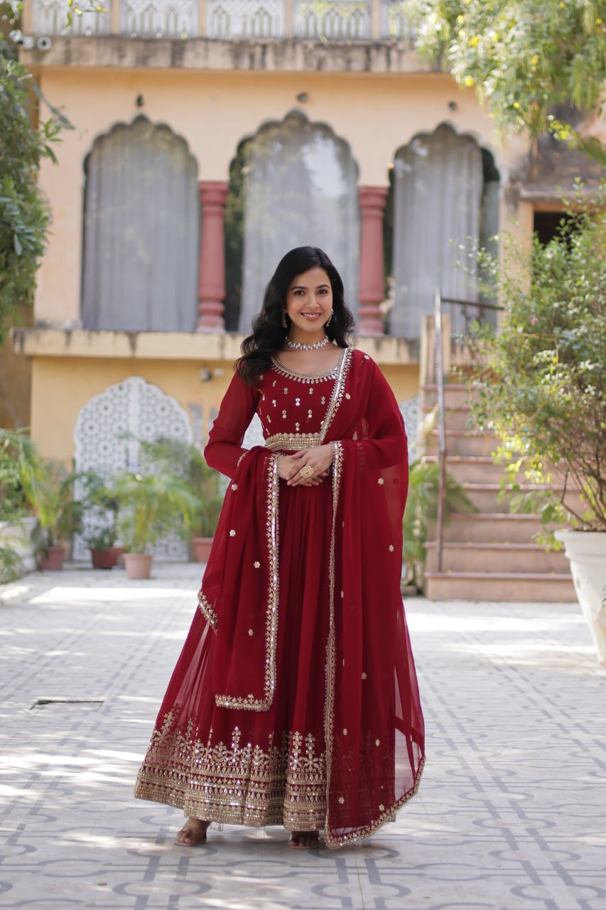 Maroon Elegant Faux Blooming Embroidered Gown with Dupatta