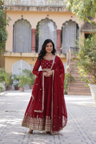 Maroon Elegant Faux Blooming Embroidered Gown with Dupatta