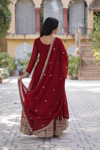 Maroon Elegant Faux Blooming Embroidered Gown with Dupatta