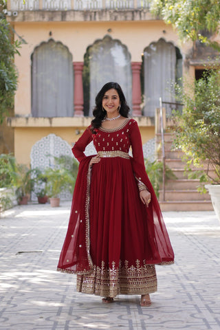 Maroon Elegant Faux Blooming Embroidered Gown with Dupatta