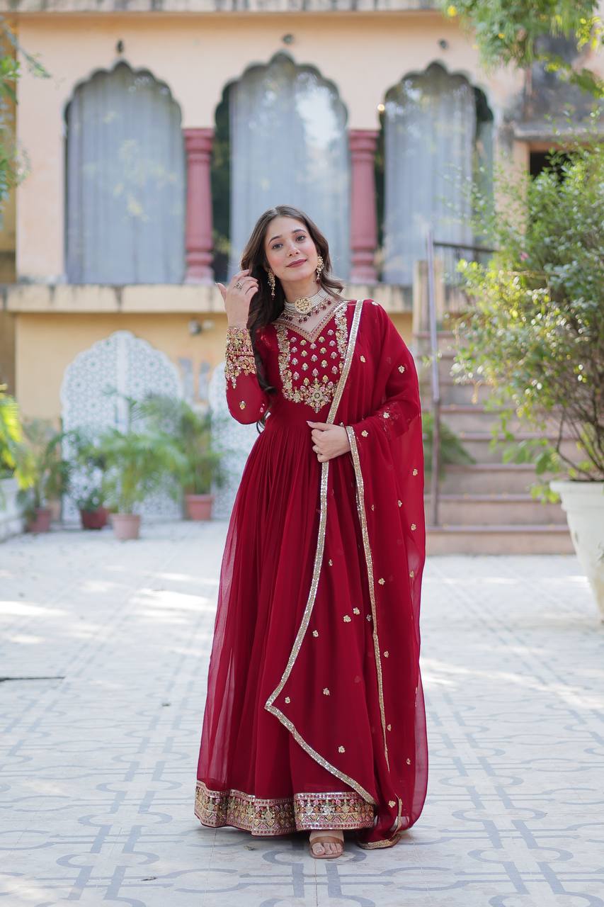 Maroon Elegant Faux Blooming Georgette Gown with Sequins Embroidery & Matching Dupatta Main image