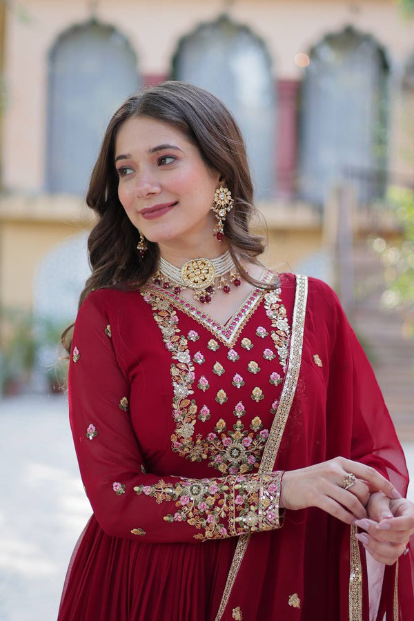 Maroon Elegant Faux Blooming Georgette Gown with Sequins Embroidery & Matching Dupatta