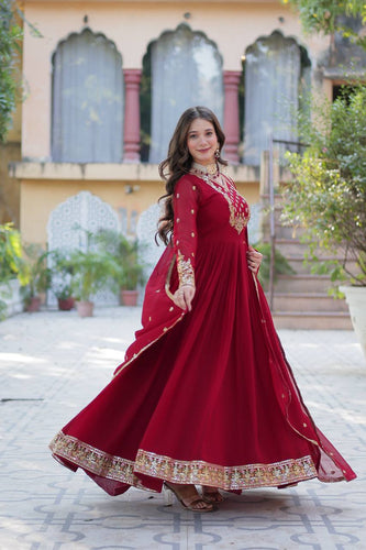 Maroon Elegant Faux Blooming Georgette Gown with Sequins Embroidery & Matching Dupatta