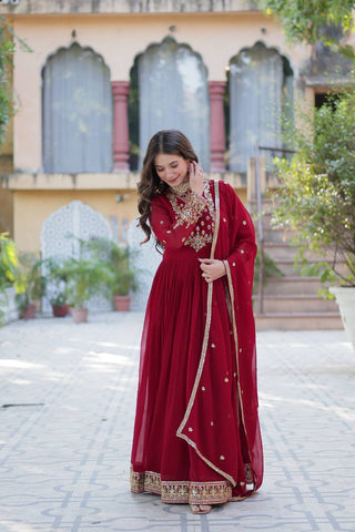 Maroon Elegant Faux Blooming Georgette Gown with Sequins Embroidery & Matching Dupatta