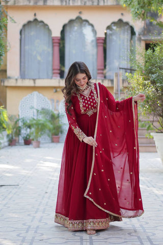 Maroon Elegant Faux Blooming Georgette Gown with Sequins Embroidery & Matching Dupatta