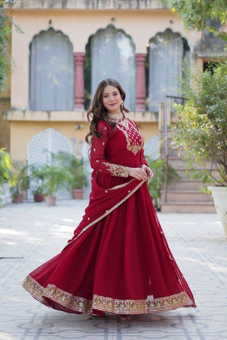 Maroon Elegant Faux Blooming Georgette Gown with Sequins Embroidery & Matching Dupatta