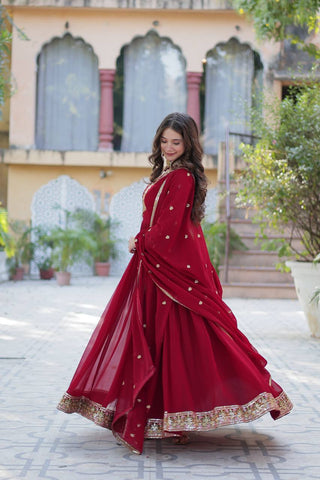 Maroon Elegant Faux Blooming Georgette Gown with Sequins Embroidery & Matching Dupatta