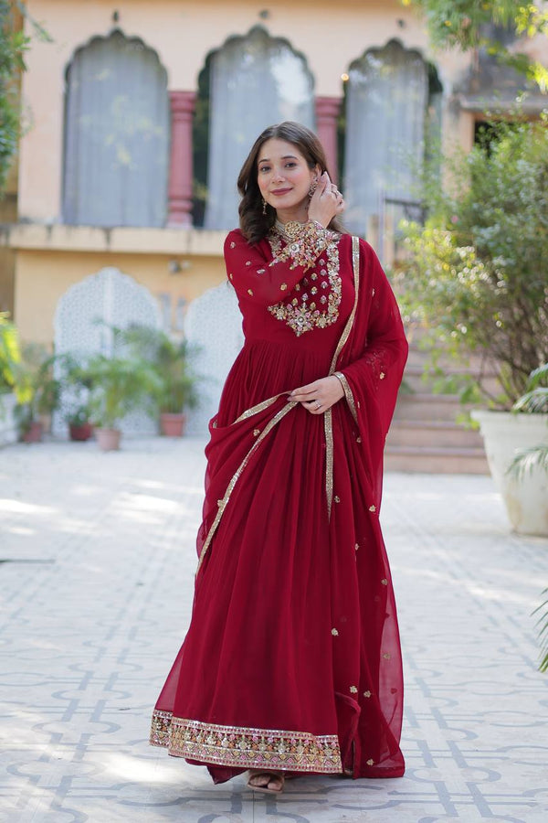 Maroon Elegant Faux Blooming Georgette Gown with Sequins Embroidery & Matching Dupatta