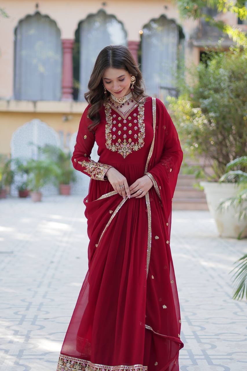 Maroon Elegant Faux Blooming Georgette Gown with Sequins Embroidery & Matching Dupatta