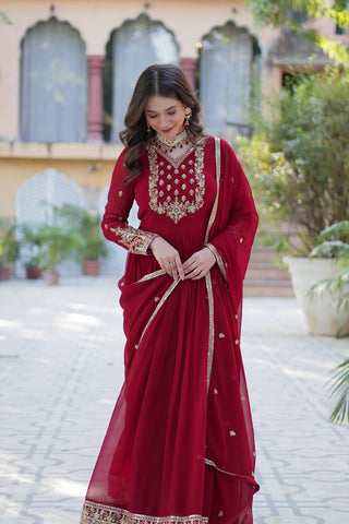 Maroon Elegant Faux Blooming Georgette Gown with Sequins Embroidery & Matching Dupatta
