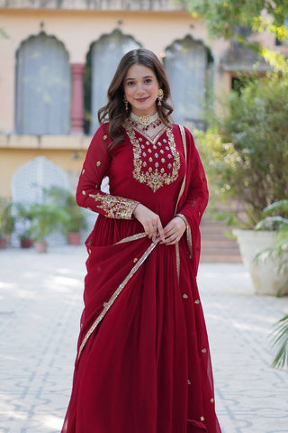 Maroon Elegant Faux Blooming Georgette Gown with Sequins Embroidery & Matching Dupatta