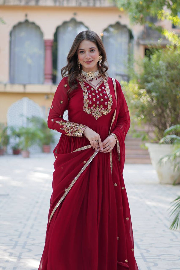 Maroon Elegant Faux Blooming Georgette Gown with Sequins Embroidery & Matching Dupatta