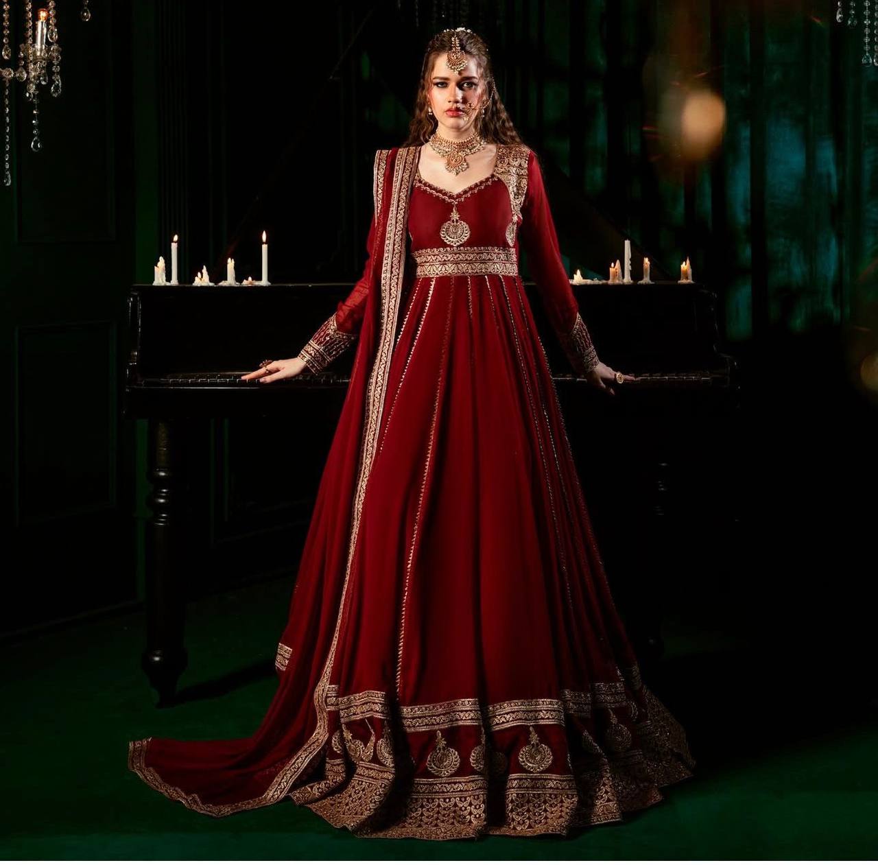 Maroon Elegant Faux Georgette Anarkali Set with Pant & Dupatta ClothsVilla