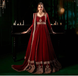 Maroon Elegant Faux Georgette Anarkali Set with Pant & Dupatta ClothsVilla