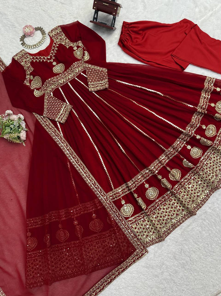 Maroon Elegant Faux Georgette Anarkali Set with Pant & Dupatta ClothsVilla