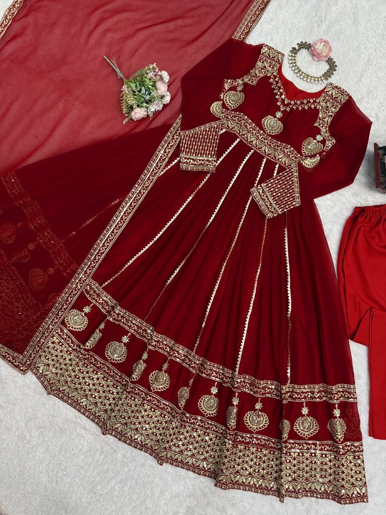 Maroon Elegant Faux Georgette Anarkali Set with Pant & Dupatta ClothsVilla