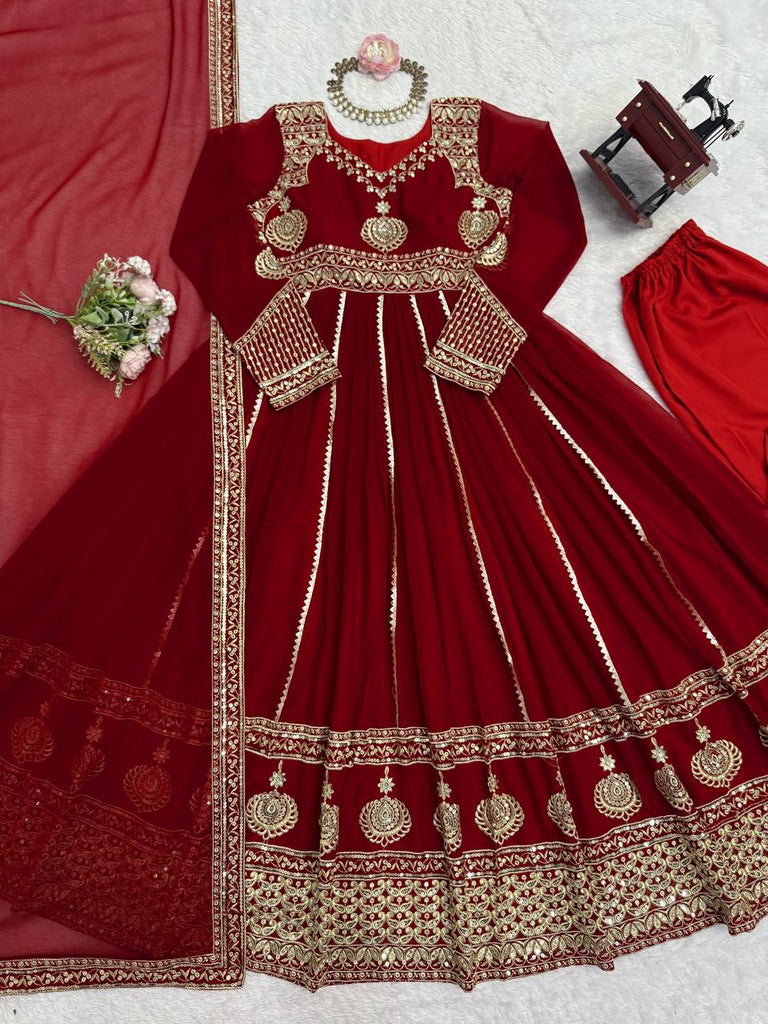 Maroon Elegant Faux Georgette Anarkali Set with Pant & Dupatta ClothsVilla