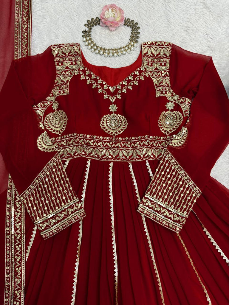 Maroon Elegant Faux Georgette Anarkali Set with Pant & Dupatta ClothsVilla