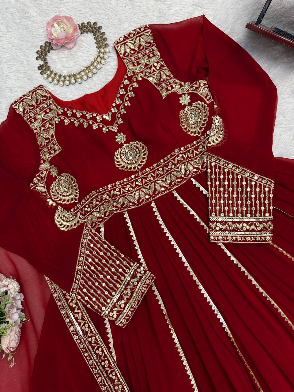 Maroon Elegant Faux Georgette Anarkali Set with Pant & Dupatta ClothsVilla