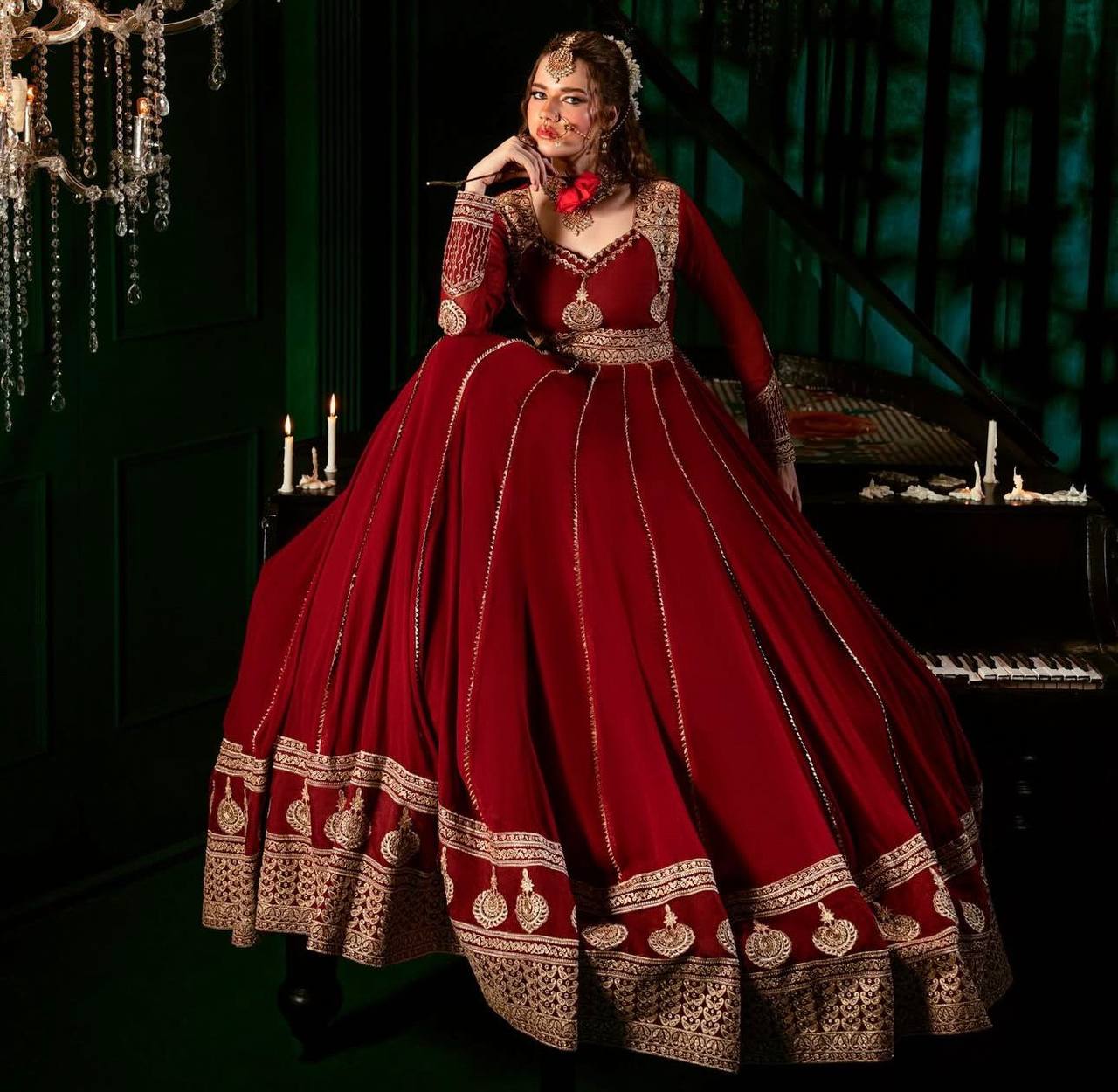 Maroon Elegant Faux Georgette Anarkali Set with Pant & Dupatta ClothsVilla