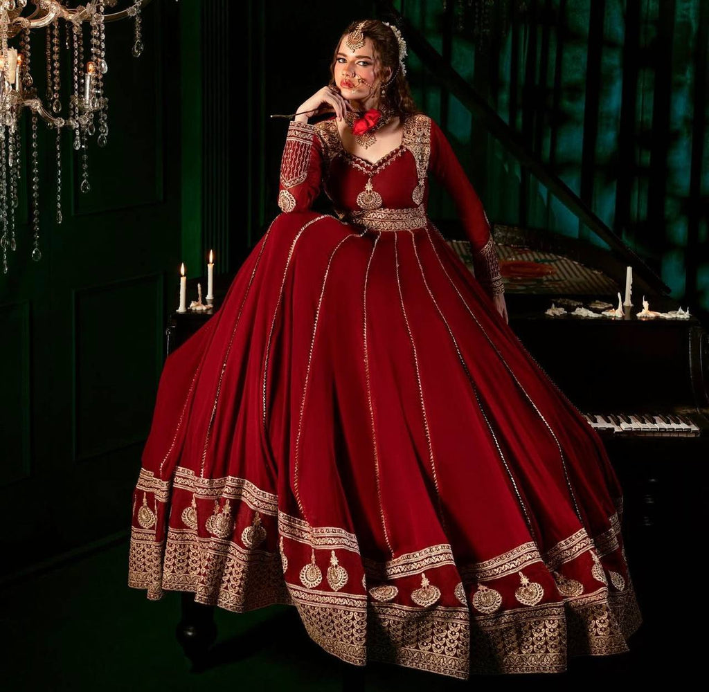 Maroon Elegant Faux Georgette Anarkali Set with Pant & Dupatta ClothsVilla