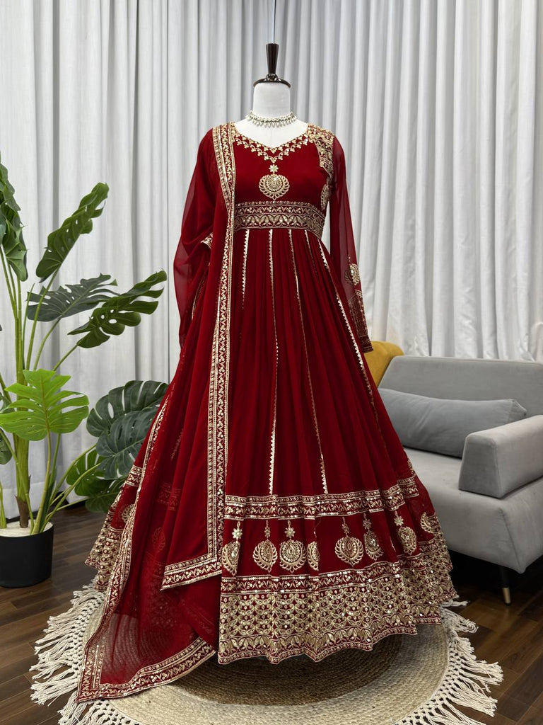 Maroon Elegant Faux Georgette Anarkali Set with Pant & Dupatta ClothsVilla