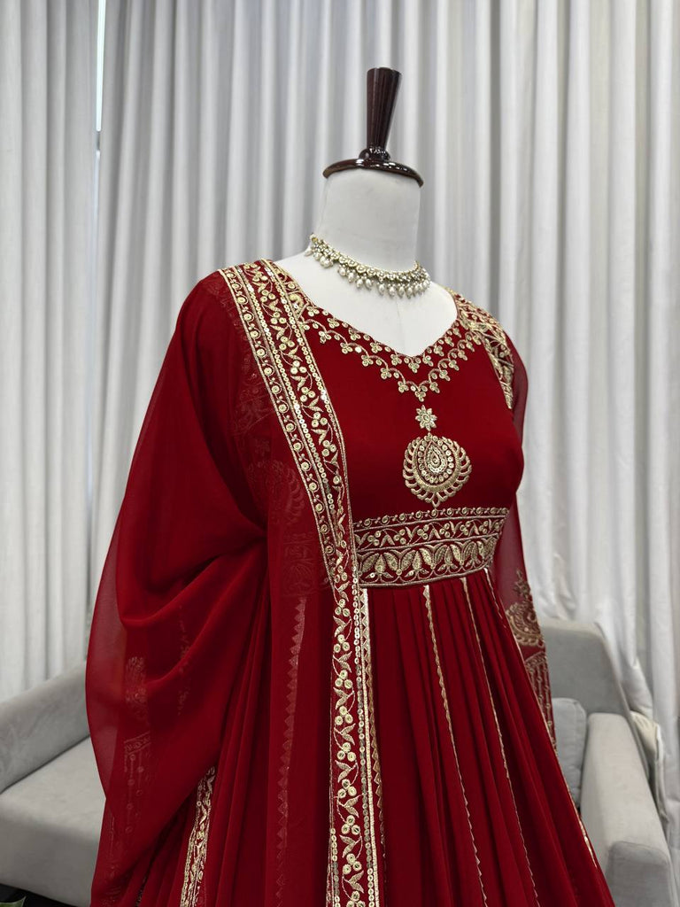 Maroon Elegant Faux Georgette Anarkali Set with Pant & Dupatta ClothsVilla