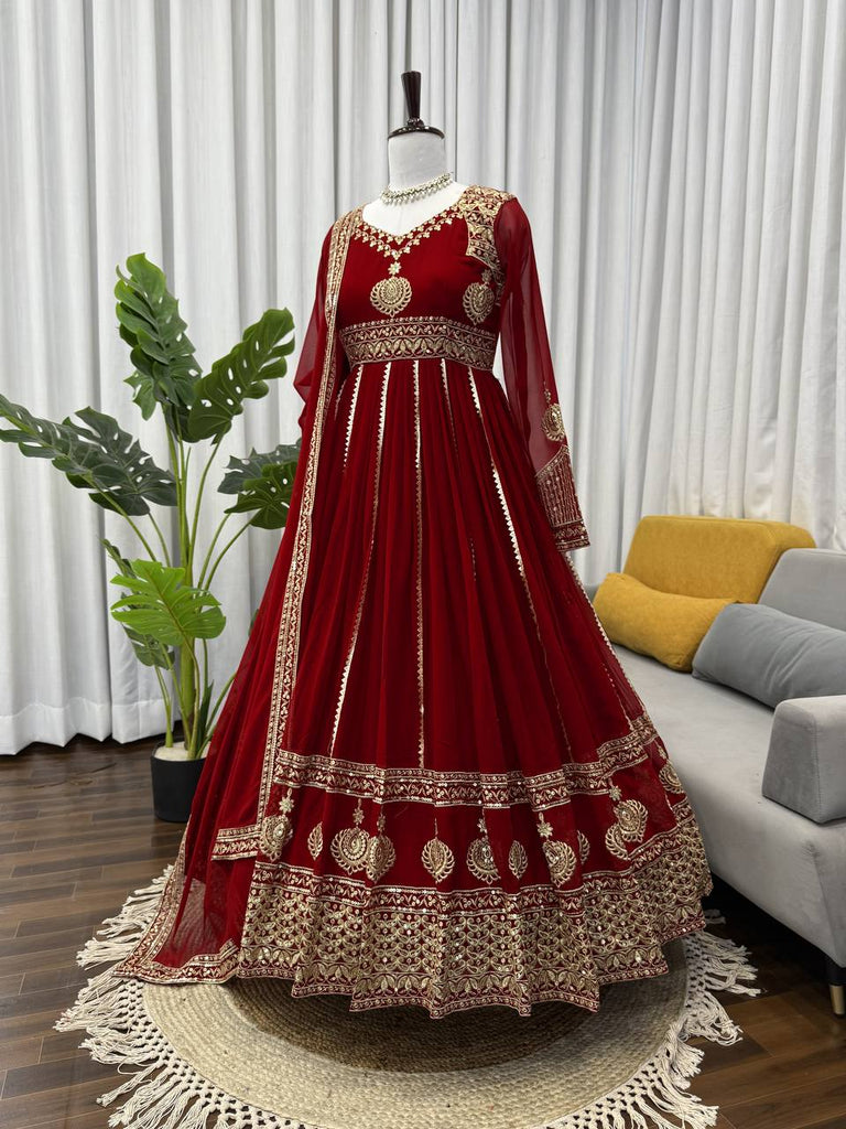 Maroon Elegant Faux Georgette Anarkali Set with Pant & Dupatta ClothsVilla