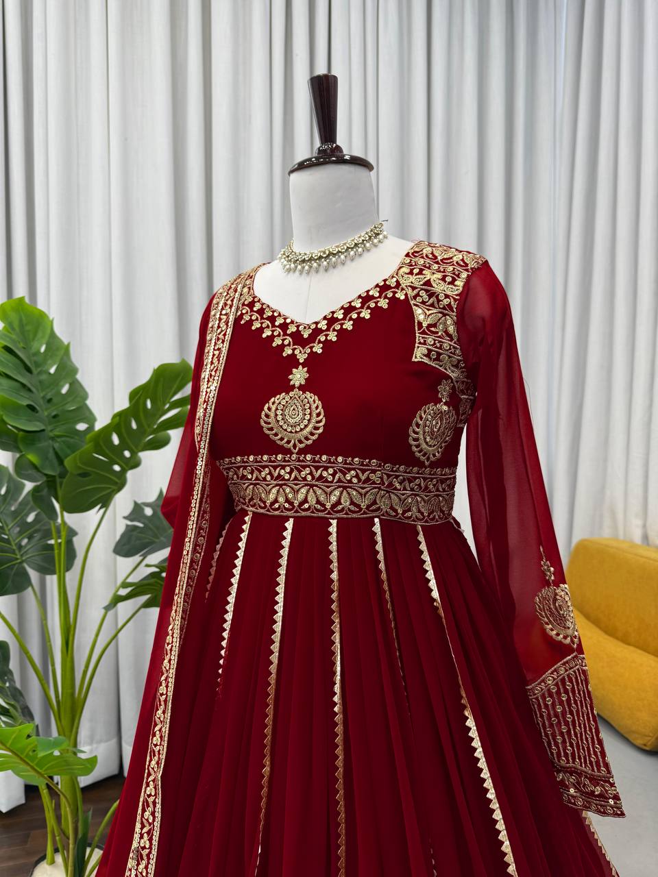 Maroon Elegant Faux Georgette Anarkali Set with Pant & Dupatta ClothsVilla