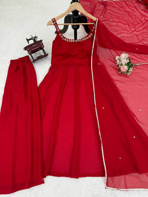 Maroon Elegant Faux Georgette Mirror Work Plazo Set with Dupatta – Handwork Detailing, Fully Stitched ClothsVilla