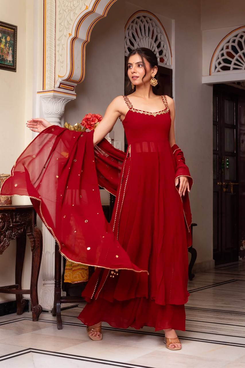 Maroon Elegant Faux Georgette Mirror Work Plazo Set with Dupatta – Handwork Detailing, Fully Stitched ClothsVilla
