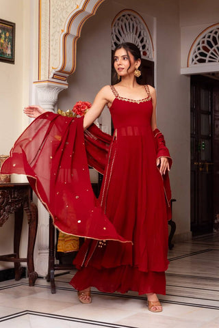 Maroon Elegant Faux Georgette Mirror Work Plazo Set with Dupatta – Handwork Detailing, Fully Stitched ClothsVilla