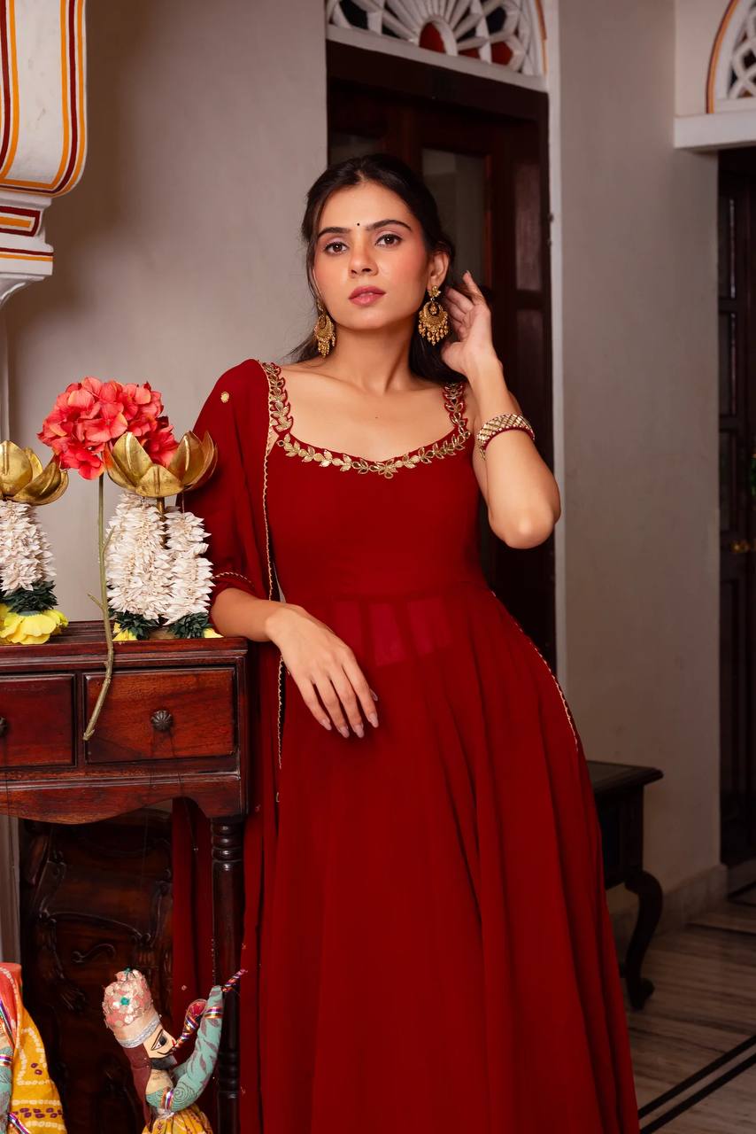 Maroon Elegant Faux Georgette Mirror Work Plazo Set with Dupatta – Handwork Detailing, Fully Stitched ClothsVilla