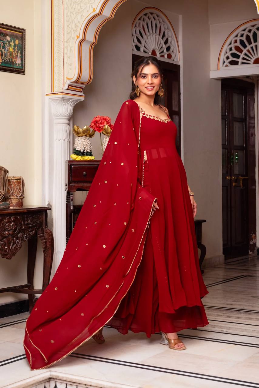 Maroon Elegant Faux Georgette Mirror Work Plazo Set with Dupatta – Handwork Detailing, Fully Stitched ClothsVilla