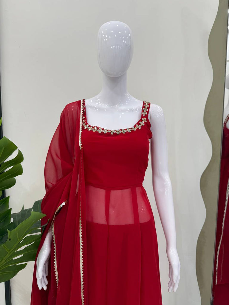 Maroon Elegant Faux Georgette Mirror Work Plazo Set with Dupatta – Handwork Detailing, Fully Stitched ClothsVilla